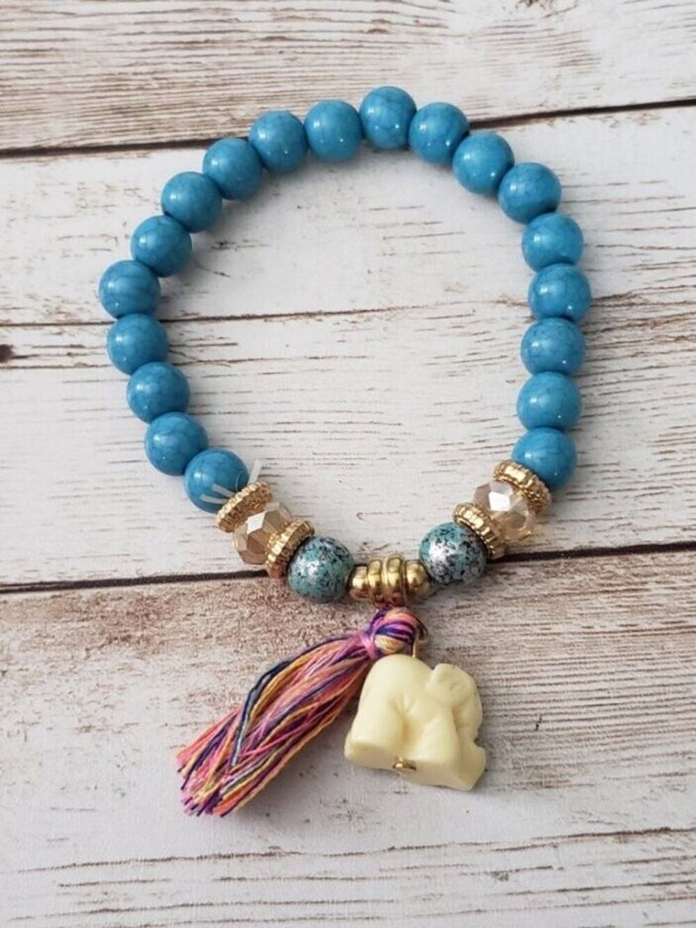 Vintage Bracelet / Bangle - Blue with Elephant Charm & Tassel